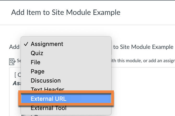 Image of "add module" page, with "internal URL" selected