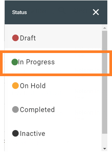 "in progress" is listed under the "status" drop-down