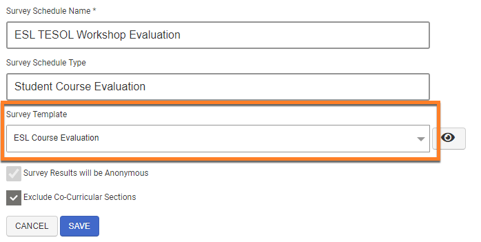 The "survey" template drop-down menu is listed alongside the "survey schedule name" and "survey schedule type" fields