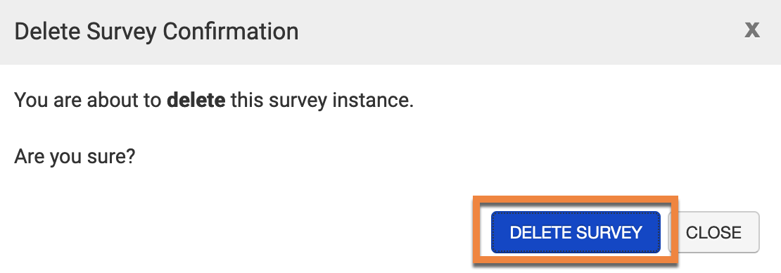 Dialog box with "delete survey" selected