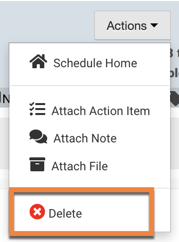 Image of "actions" dropdown menu with "delete" selected