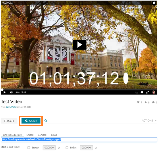 A screenshot showing a video in Kaltura with the cursor hovering over the "Share" tab underneath the preview of the video.