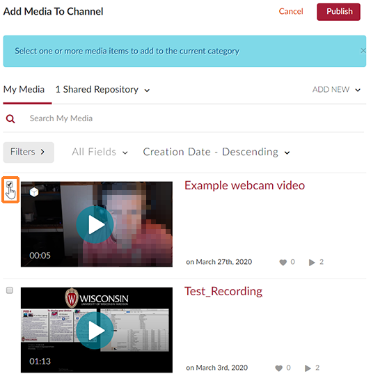 A screenshot showing the "Add Media To Channel" window. Two media entries are shown. The first has the checkbox to the left checked. The checkbox is outlined in orange to help point it out.