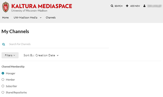A screenshot showing the Kaltura MediaSpace channels page. The user has clicked the "Filters" button to display the radio button options to display Channel Membership optiosn for "Manager", "Member", "Subscriber", and "Shared Repostories"