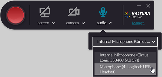 A screenshot showing the Kaltura Capture control panel. The user has clicked on the "audio" drop-down menu. The cursor hovers over teh "Microphone (4-Logitech USB Headset) option.