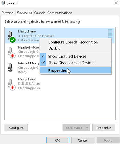 A screenshot showing the Windows 10 "Sound" control panel on the "Recording" tab. The user has right clicked on the "4 - Logitech USB Headset" Microphone. The cursor hovers over the "Properites" drop-down menu option.