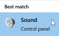 A screenshot showing the "Sound control panel" search result from Windows 10.