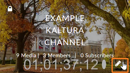A screenshot showing a Kaltura channel. The user has moved their mouse over it which causes a pencil icon to display in the lower right. The mouse icon hovers over it and it is also outlined in red.