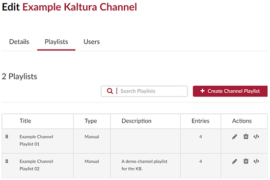 A screenshot showing the Kaltura MediaSpace channel edit page. The user has clicked on the Playlists tab which is outlined in red.