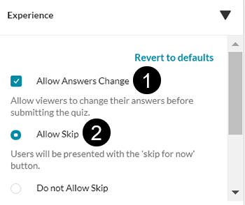 A screenshot showing the Kaltura IVQ option to "Allow Answers Change" and "Allow Skip".