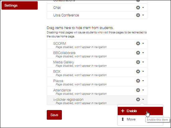 Image of Canvas "navigation" tab, found under "settings". The i>clicker registration item is highlighted.