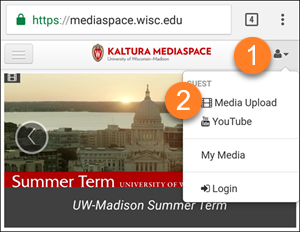 This image shows the Mediaspace page and how to click Media Upload