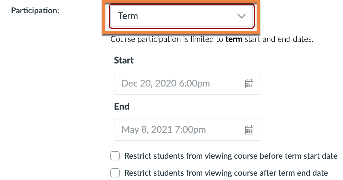 Participation is set to term, so course honors term end dates