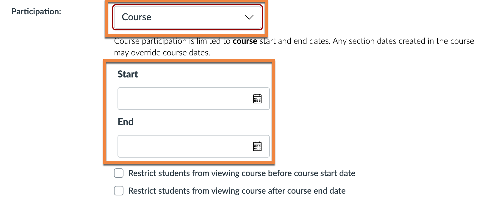 Participation dropdown is set to course, and the course start and end dates are highlighted