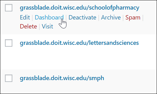 A screenshot showing a list of multiple WordPress sites setup for the Advanced Content Authoring and Reporting WordPress instance. The mouse cursor is over the text "Dashboard".