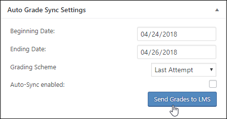 Screenshot showing the "Auto Grade Sync Settings" panel in a WordPress page that has an xAPI module embedded. It shows a field for "Beginning Date:", "Ending Date:", "Grading Scheme", "Auto-Sync enabled" and a "Send Grades to LMS" button.