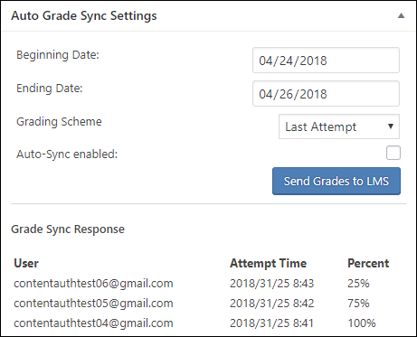 Screenshot showing the "Auto Grade Sync Settings" panel in a WordPress page that has an xAPI module embedded. It shows a field for "Beginning Date:", "Ending Date:", "Grading Scheme", "Auto-Sync enabled" and a "Send Grades to LMS" button. Below you see "Grade Sync Response" where three test students, their attempt time and their grade percent is displayed.