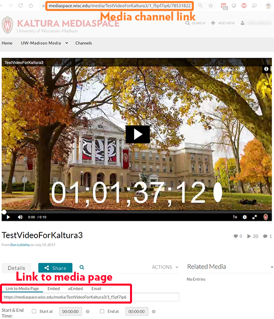 A screenshot showing a video in a channel. An orange outline at the top indicates the media channel link. A red outline near the bottom shows the link to the media page. 