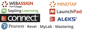 A picture of multiple publisher logos including Cengage WebAssign and MindTap, Macmillan Sapling Learning and LaunchPad, McGraw-Hill Connect and ALEKS, and Pearson Revel, MyLab, and Mastering