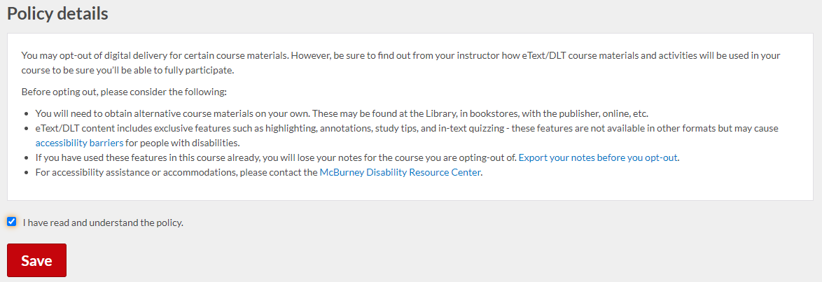 Screenshot of policy information window in Opt Out tool