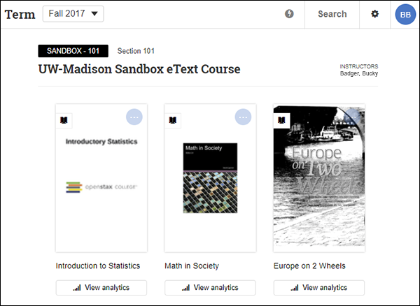 Engage library view with the menu at the top, and the course and eTexts below including the "View analytics" button for instructors below each eText