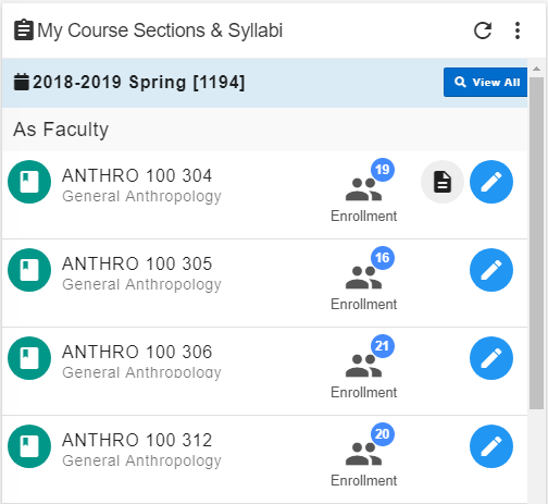 Screenshot of "My Course Sections and Syllabi" in AEFIS