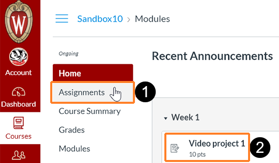 A screenshot from a Canvas course showing (1) the cursor hovering over the "Assignments" tool in the course navigation and (2) a link to a video assignment in the Modules tool.