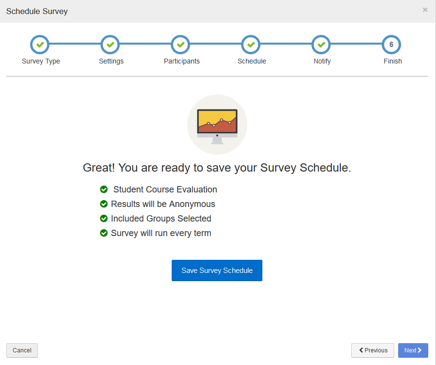 "finish" pane is shown. The "Save Survey Schedule" button is located in the middle of the pane.