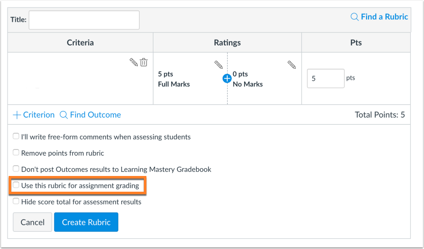 Image shows rubric settings found when editing rubric. checkbox "use this rubric for assignment grading" is selected.