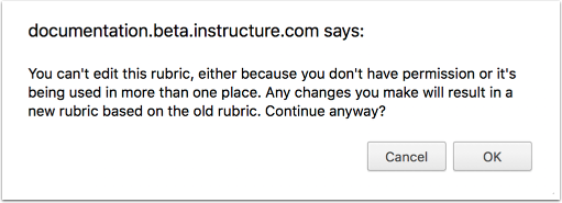 Error message says "You can't edit this rubric, either because you don't have permission or it's being used in more than one place. Any changes you make will result in a new rubric based on the old rubric. Continue anyway? (Cancel)(OK)"