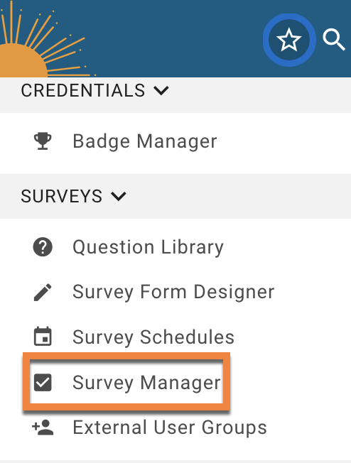 Image of HelioCampus AC menu open, with Survey Manager highlighted.