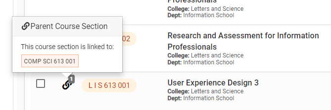 Image shows message that appears when hovering cursor over linked section (annotated) icon: "This course section is linked to:(course section)"