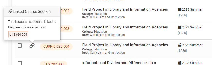 Image shows message that appears when hovering cursor over linked section (non-annotated) icon: "This course section is linked to parent course section: (course section)"