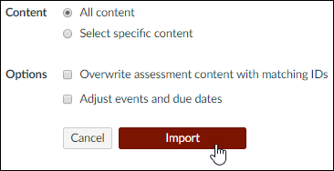 A screenshot from the Canvas "Import Content" screen showing the "All content" radio button selected with the cursor over the "Import" button.