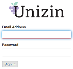 A screenshot showing a Unizin logo with an "Email Address" and "Password" field along with a "Sign in" button.