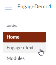 A screenshot showing a Canvas course menu with the cursor hovering over the "Engage eText" menu option.