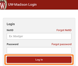 A screenshot showing the NetID login screen that displays in KMS Go. There is a "NetID" field, a "Password" field, and a "Log In" button. The Log In button is outlined in orange to help draw attention to it.