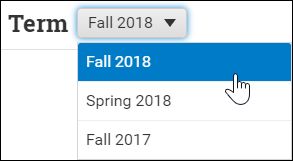 Screenshot showing the Unizin Engage Term drop-down menu opened with cursor over the "Fall 2018" term