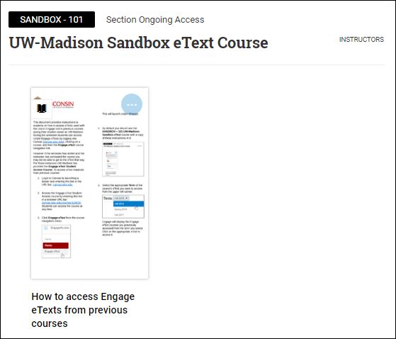 Screenshot showing Engage with the "UW-Madison Sandbox eText Course" displayed