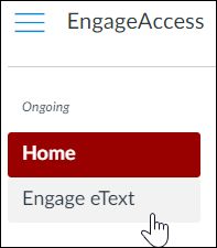 Screenshot showing the "Engage eText Student Access Course" Canvas navigation bar with the cursor over "Engage eText"