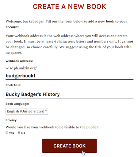 Screenshot showing the Pressbooks "Create a New Book" screen with the basic info filled out and the cursor over the "Create Book" button.