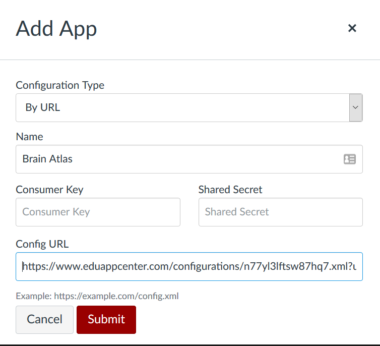 "Add app" popup menu with required fields (listed above)