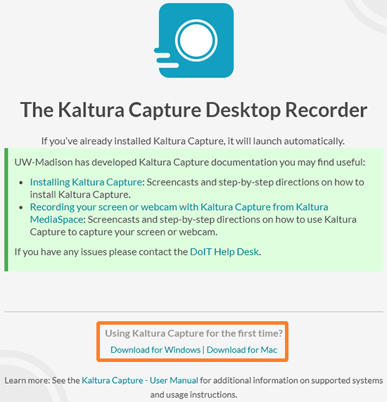 Screenshot showing "The Kaltura Capture Desktop Recorder" window with text pointing out the links to download the Windows and Mac installers.