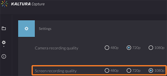 A screenshot showing the Kaltura Capture "Settings" screen. The "Screen recording quality" preference has been outlined in red to help point it out. The radio button for 1080p has been selected for greatest quality.