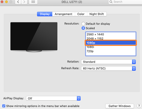 A screenshot showing the OSX "Displays" system preference for a non-Apple external monitor connected to a Mac. The user has selected "1080p" as the screen's resolution for recording with Kaltura Capture." alt="A screenshot showing the OSX "Displays" system preference for a non-Apple external monitor connected to a Mac. The user has selected "1080p" as the screen's resolution for recording with Kaltura Capture.