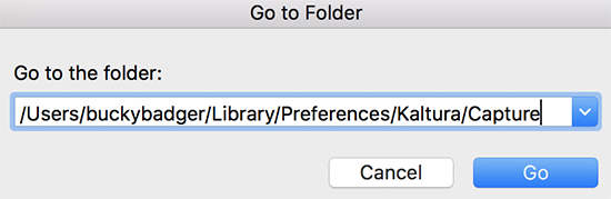 Screenshot showing the OSX Finder Go to Folder option with the the Kaltura Capture default capture location for the user "buckybadger"