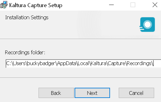 A screenshot showing the Kaltura Capture installer on the Installation Settings screen with the Recordings location shown.