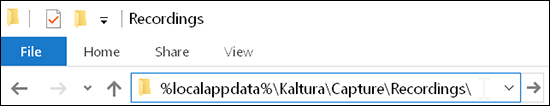 A screenshot showing the Windows File Explorer location bar with the text "%localappdata%\Kaltura\Capture\Recordings\" in it.