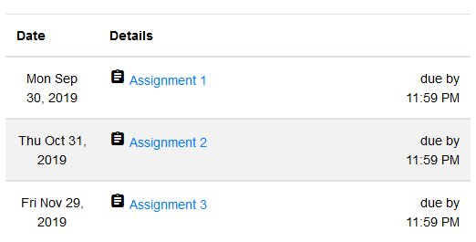 Screenshot of assignment list. List contains 3 columns: Date (Date Due), Details (link to each assignment page), and Due By (time assignment is due)