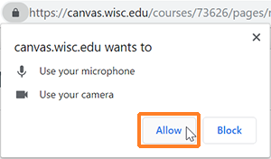 A screenshot showing the Chrome browser messaging requesting use fo the microphone and camera. The cursor hovers over the button to click "Allow".